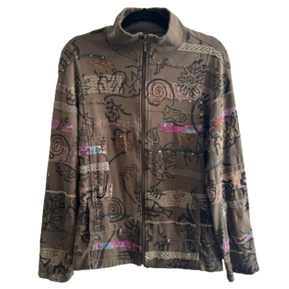 Chico’s Olive Green Boho Floral Geometric Zip Up Sweater Arsty Earth Tone